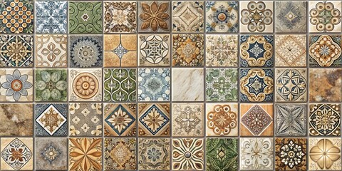 Naklejka na meble A harmonious arrangement of decorative ceramic tiles with intricate patterns and floral motifs, showcasing a diverse color palette of brown, green, and blue hues.