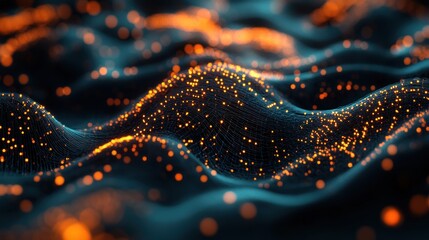 Poster - Abstract representation of flowing waves with glowing particles in a dark background.