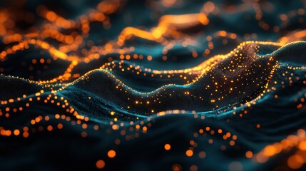 Poster - Abstract representation of flowing data with glowing particles in a dark environment.