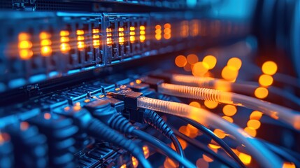 Poster - Close-up of illuminated network cables connected to a server, showcasing vibrant lights and advanced technology in a data center.