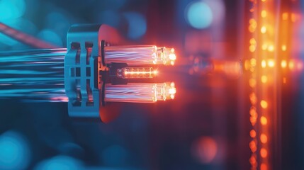 Poster - Close-up of illuminated fiber optic cables in a modern technology setting with vibrant blue and orange colors.