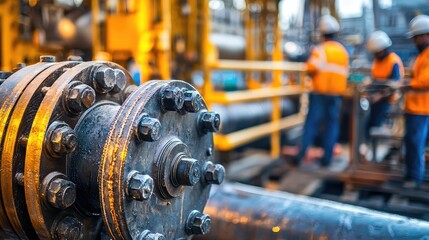 Close-up of industrial equipment with workers in background, showcasing safety gear and machinery in an oil or gas facility.