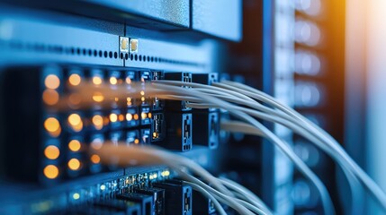 Poster - Close-up of network cables and fiber optic connections in a server rack, highlighting the technology of data transmission.
