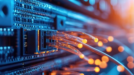Poster - Close-up of network cables connected to a server with glowing lights, depicting modern technology and digital communication.