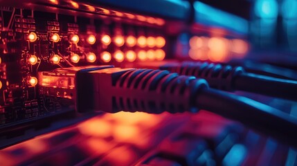 Poster - Close-up of network cables connected to a server, illuminated by vibrant red and blue lights, showcasing technology and connectivity.