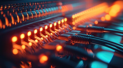 Poster - Close-up of vibrant network cables and glowing lights in a data center, showcasing technology and connectivity.