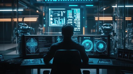 Poster - A person monitors advanced technology in a futuristic control room filled with screens.