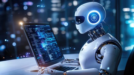Poster - Futuristic robot working on a laptop in a high-tech environment, showcasing advanced technology and artificial intelligence.