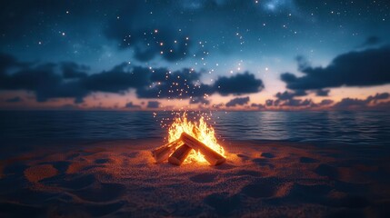 A tranquil beach scene featuring a glowing campfire under a starry night sky, perfect for evoking warmth and relaxation.