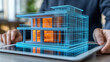 © Your Hand Please - digital tablet to interact with a holographic architectural model, symbolizing innovation and the future of design, blending technology with creativity in modern architecture