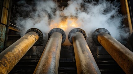 Poster - Industrial pipes releasing smoke, showcasing the inner workings of a manufacturing facility under dramatic lighting.