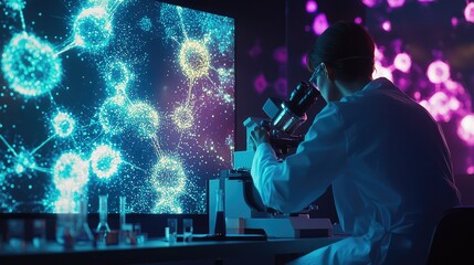 Poster - Scientist using a microscope to study cells on a digital screen, showcasing advanced laboratory technology and innovation.