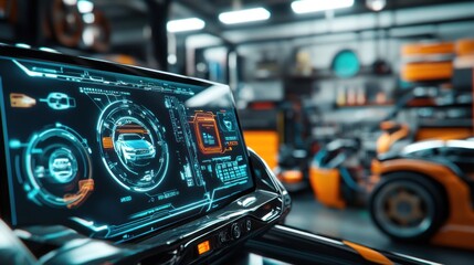 Poster - A futuristic dashboard displaying advanced technology in a workshop environment.