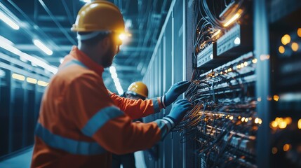 Poster - Technicians work on server maintenance in a data center. Safety gear and technical skills ensure a secure environment.