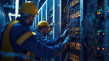 Poster - Technicians working in a data center, inspecting server racks and managing network connections in a modern IT environment.