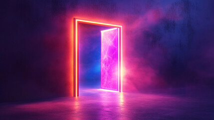 Wall Mural - futuristic open door illuminated by vibrant neon lights symbolizes new opportunities and innovation.
