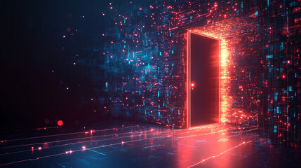 Wall Mural - futuristic open door illuminated by vibrant neon lights symbolizes new opportunities and innovation.