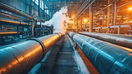 Poster - View of industrial pipes in a factory with steam, showcasing machinery and production environment, illuminated by warm lighting.