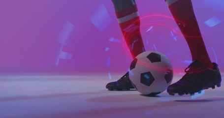 Poster - Animation of neon pattern over african american footballer kicking ball