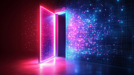 Wall Mural - futuristic open door illuminated by vibrant neon lights symbolizes new opportunities and innovation.