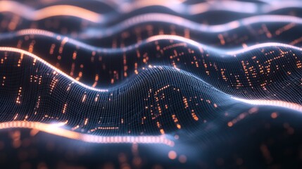 Poster - Abstract digital waves with glowing elements representing data flow and technology.