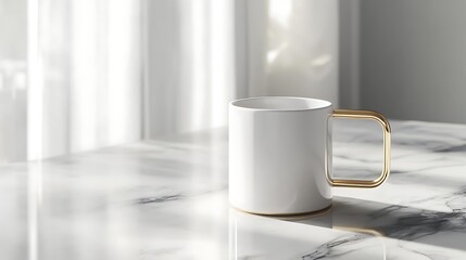 White Mug with Gold Handle on Marble Table