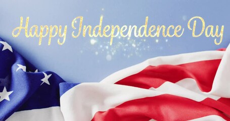 Poster - Animation of happy independence day text in sparkling gold over flag of america and blue sky