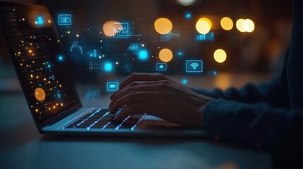 Poster - Person Working on Laptop with Digital Icons