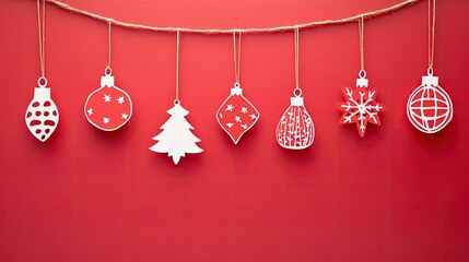 Poster - Christmas paper cutouts of ornaments hanging from a string at the top, with blank space below for text on a festive background.