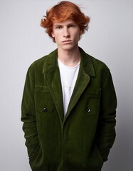 18 year old Tall man, redhead with hair falling over his shoulders, wearing dark green cotelé or corduroy jacket