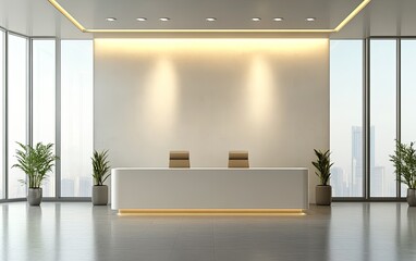 Wall Mural - Modern reception area with minimalistic design, featuring a sleek desk and plants, designed for a business environment.