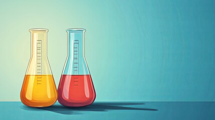 Poster - Two laboratory flasks containing orange and red liquids against a blue background, illustrating a scientific theme.