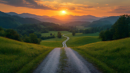 top drone view of road in woods. beautiful landscape with roadway in hills, pine trees, meadows, gol