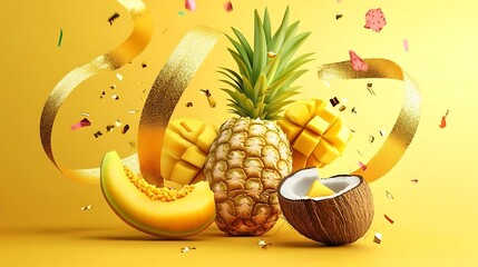 Tropical Fruits Party with Gold Ribbon and Confetti