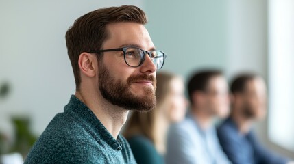 Thoughtful man in glasses smiling during a business meeting, soft focus background.