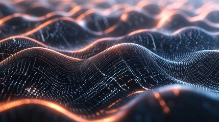 Poster - Abstract depiction of flowing waves with glowing lines and digital texture.