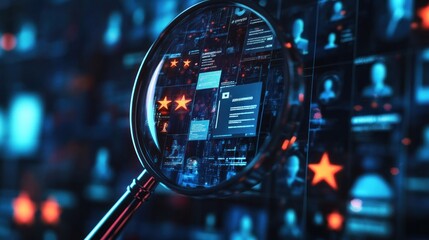 Poster - A magnifying glass focusing on digital data and profiles in a tech-themed environment.