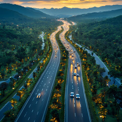 Top drone view of road in woods. Beautiful landscape with roadway in hills, pine trees, meadows, golden sunlight in fall. Travel