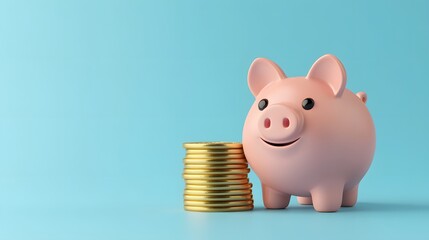 A smiling pink pig piggy bank next to a stack of gold coins, isolated on a blue background