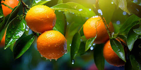 Juicy ripe oranges glistening with dew on the tree fresh citrus fruits in orchard setting.