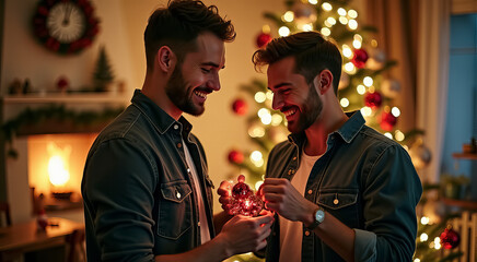 Sticker - Two men are smiling and holding a lit candle in front of a Christmas tree