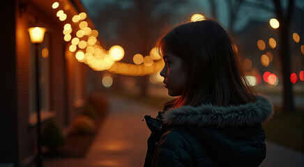 Wall Mural - A girl is standing outside in the dark, wearing a black coat