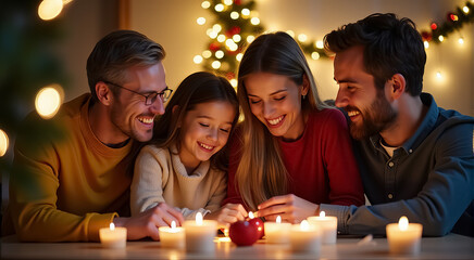 Sticker - A family of four is sitting around a table with candles and a red apple