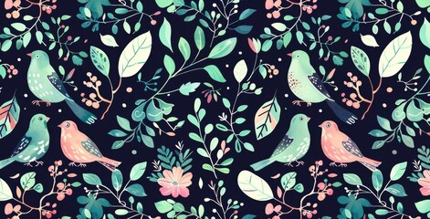 seamless pattern with a digital illustration of  bird with small flowers, and berries in shades of navy blue, green, and pink on a dark background