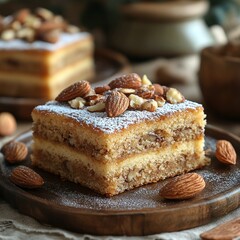 Wall Mural - Nutty Delight: Close-Up of Delicious Homemade Almond Cake Slice with Powdered Sugar Topping