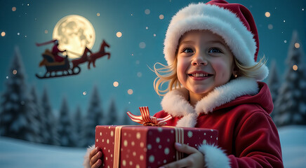 Sticker - A little girl is holding a red present and smiling