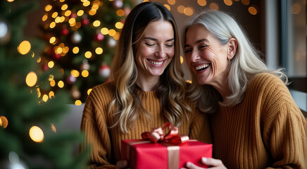 Sticker - Two women are smiling and holding a red present