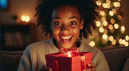 Sticker - A woman is holding a red box with a bow on it, and she is smiling