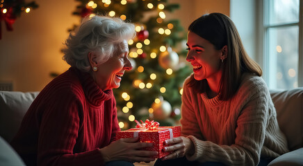 Sticker - A woman is holding a red present and smiling at another woman