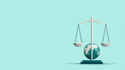 Poster - Justice scales balanced with a globe, global equality, flat design illustration